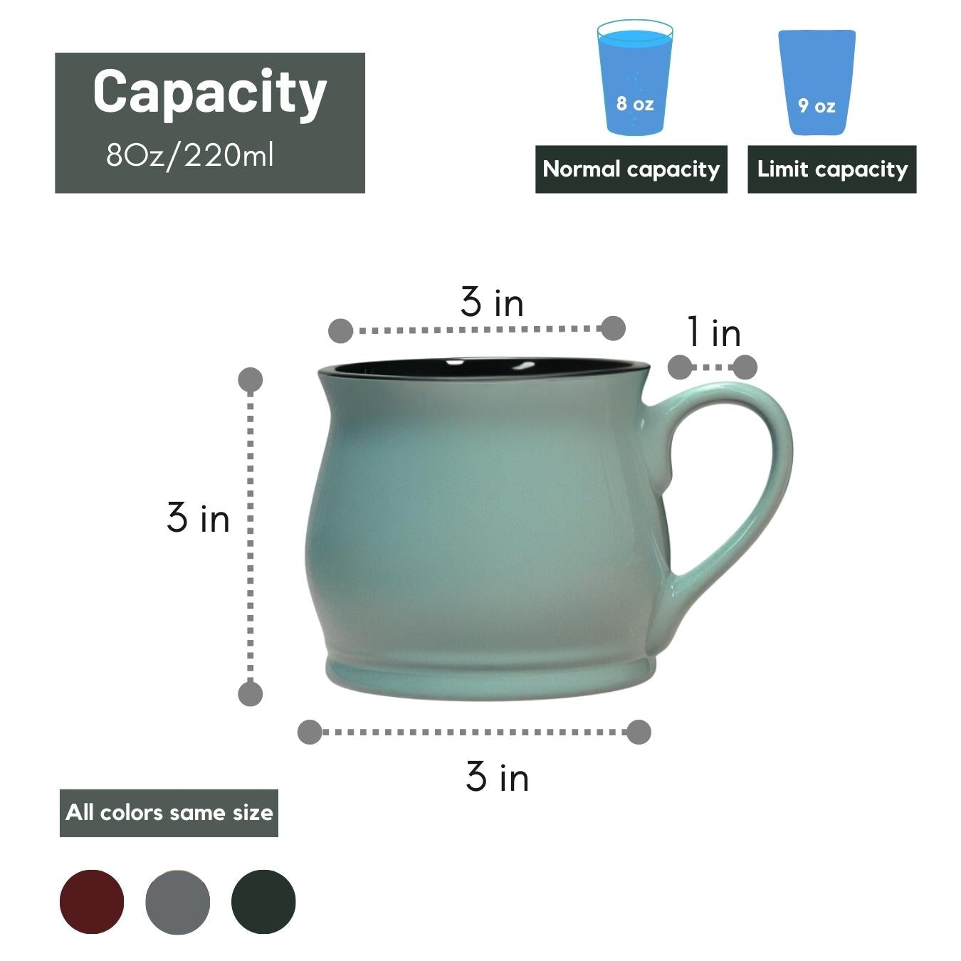 Set of 6 Ceramic Cups – 8oz Teal Drinkware with Colored Interior