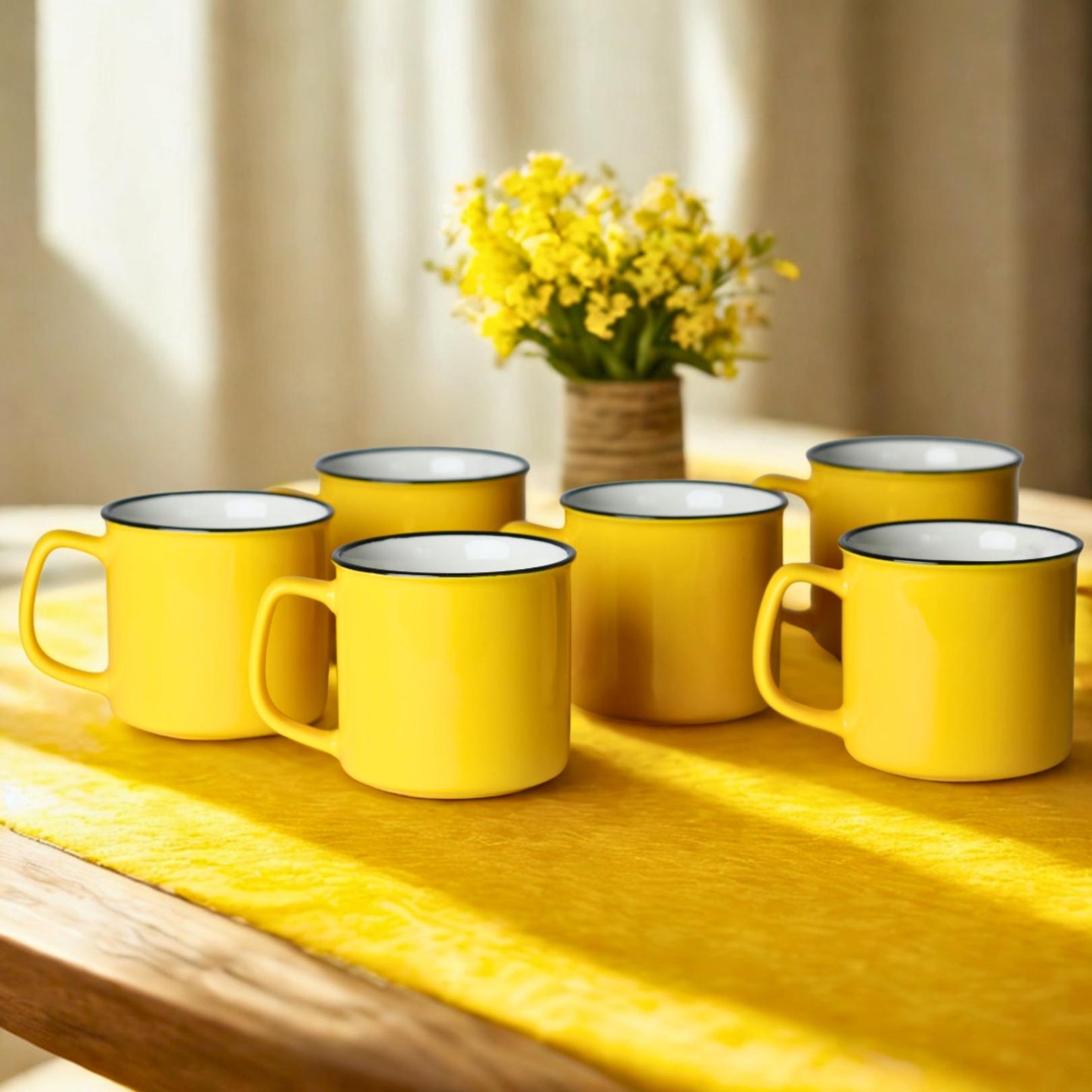 Set of 6 Ceramic Coffee Mugs – 12oz Yellow Curved Lip Durable Cups