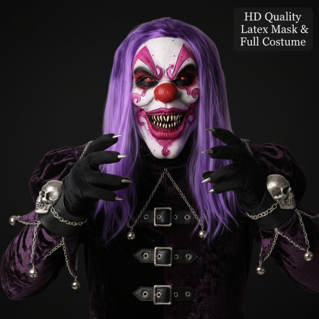 JOKER Evil Laughing Clown Halloween Mask – Realistic Full Head Latex Scary Mask with Purple Hair | Horror Cosplay Costume & Haunted House Prop