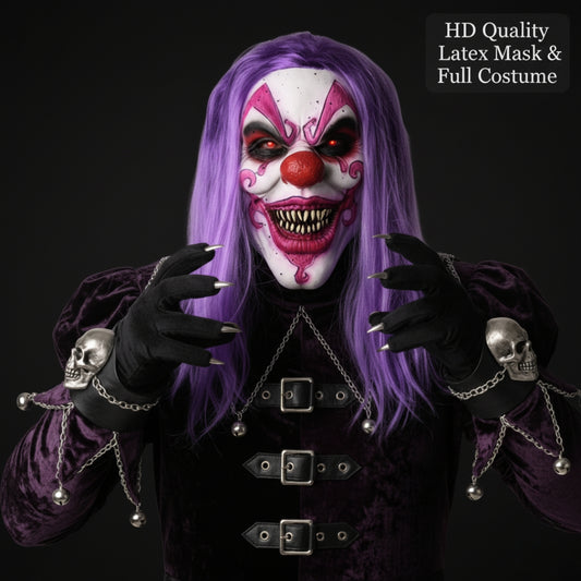 JOKER Evil Laughing Clown Halloween Mask – Realistic Full Head Latex Scary Mask with Purple Hair | Horror Cosplay Costume & Haunted House Prop