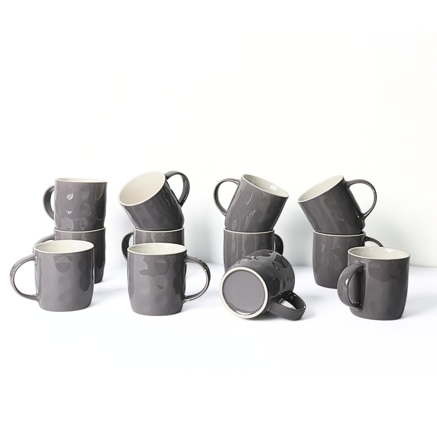 Set of 12 Ceramic Coffee Mugs – 12oz Grey Cups for Home & Office