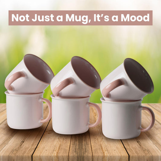 Ceramic Coffee Mugs Set of 6 – 12oz Baby Pink Cups with Handle