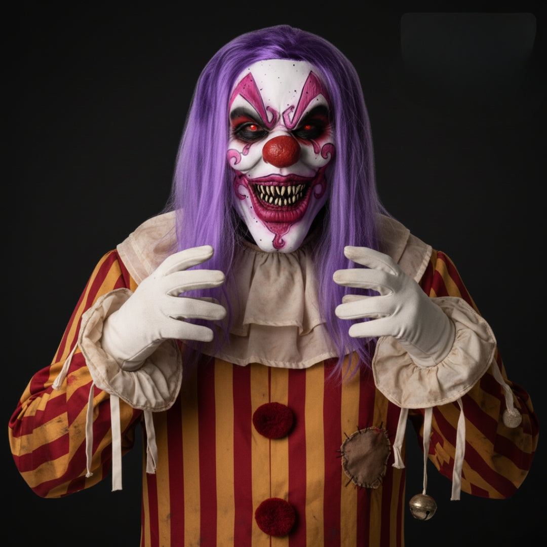 JOKER Evil Laughing Clown Halloween Mask – Realistic Full Head Latex Scary Mask with Purple Hair | Horror Cosplay Costume & Haunted House Prop