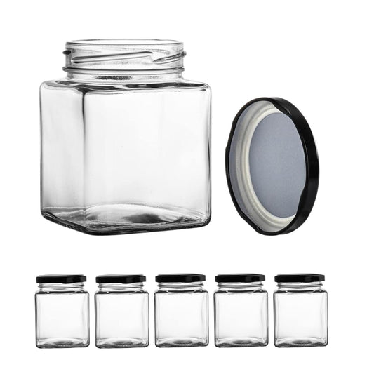 Set of 6 Square Glass Storage Jars – 22oz Medium Containers with Airtight Lids