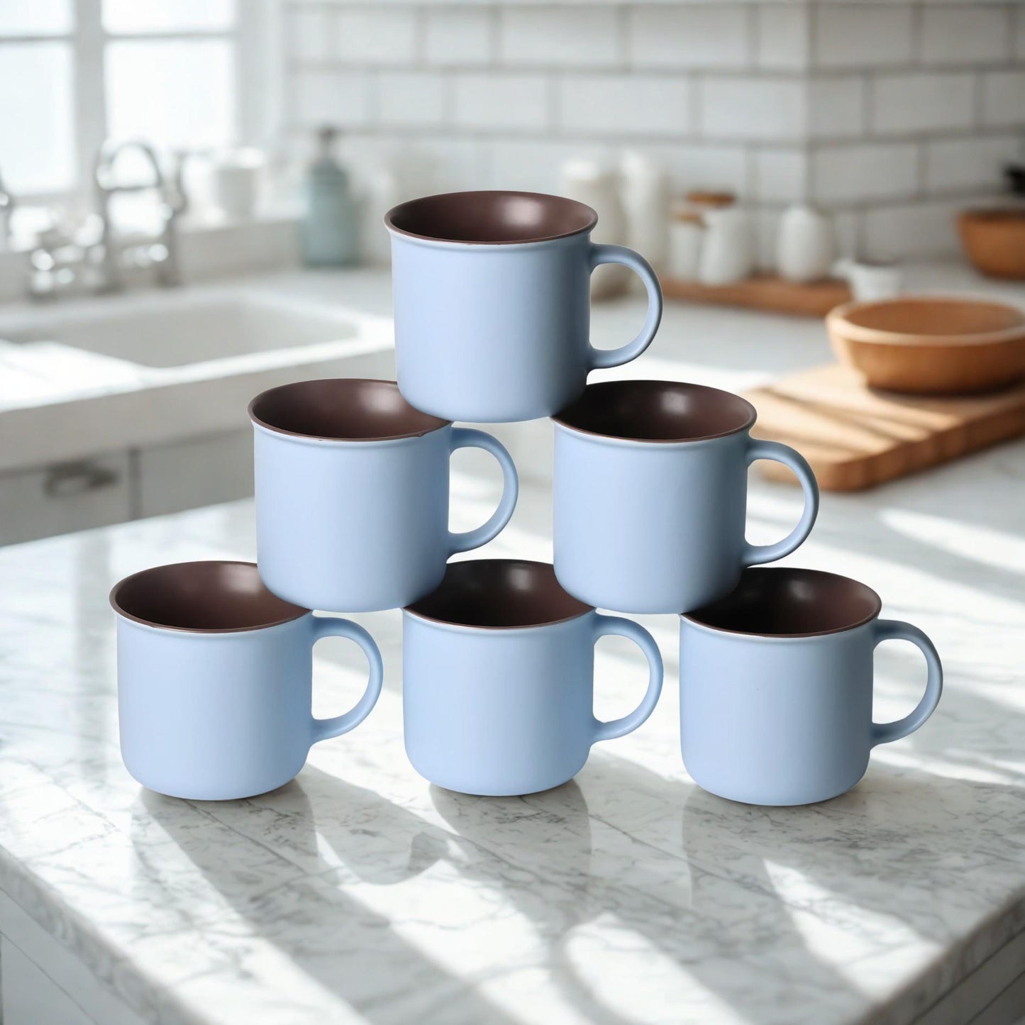 Set of 6 Blue Ceramic Coffee Mugs – 12oz Curved Lip Cappuccino Cups