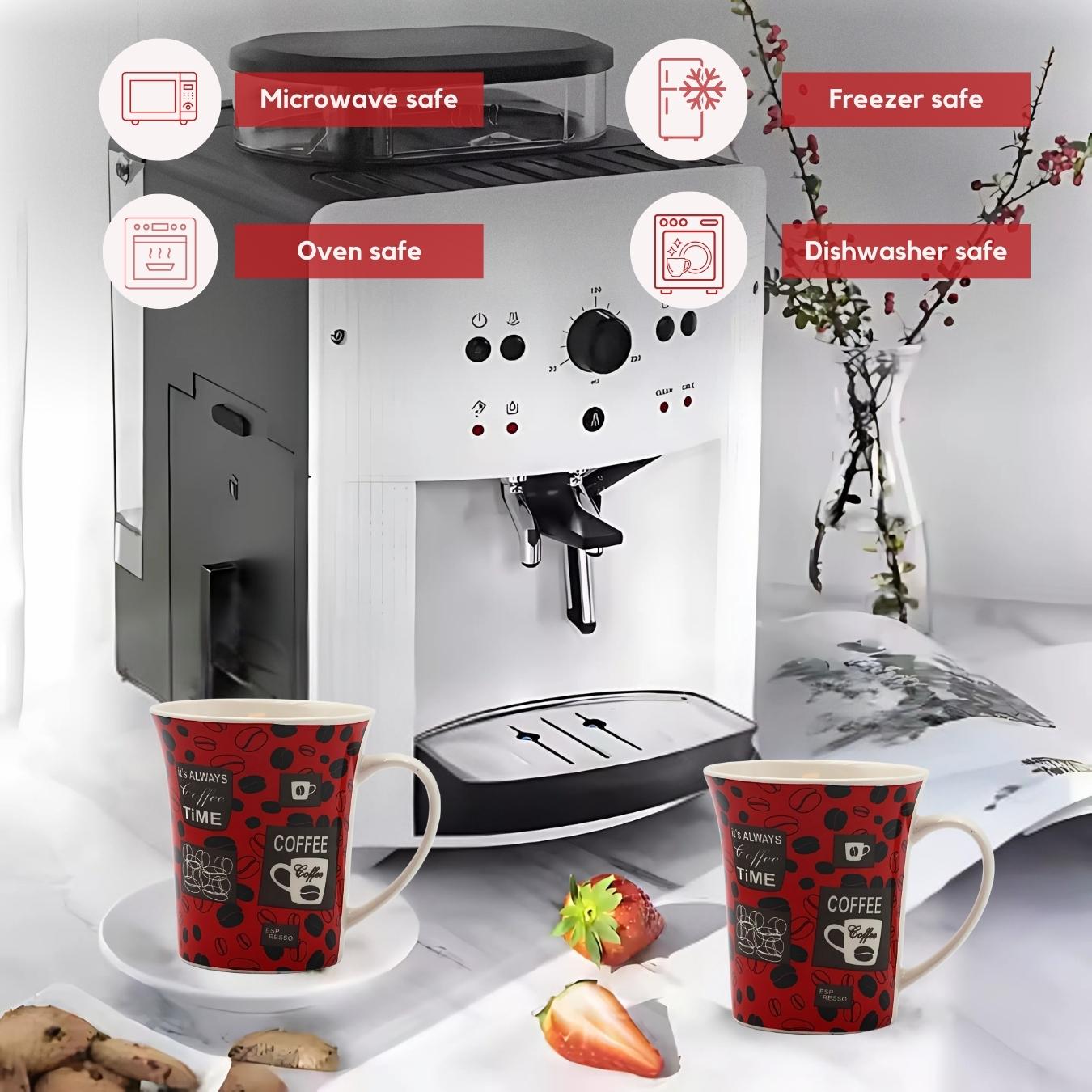 Set of 4 Ceramic Espresso Mugs – 8oz Multicolor Coffee Bean Print Cups