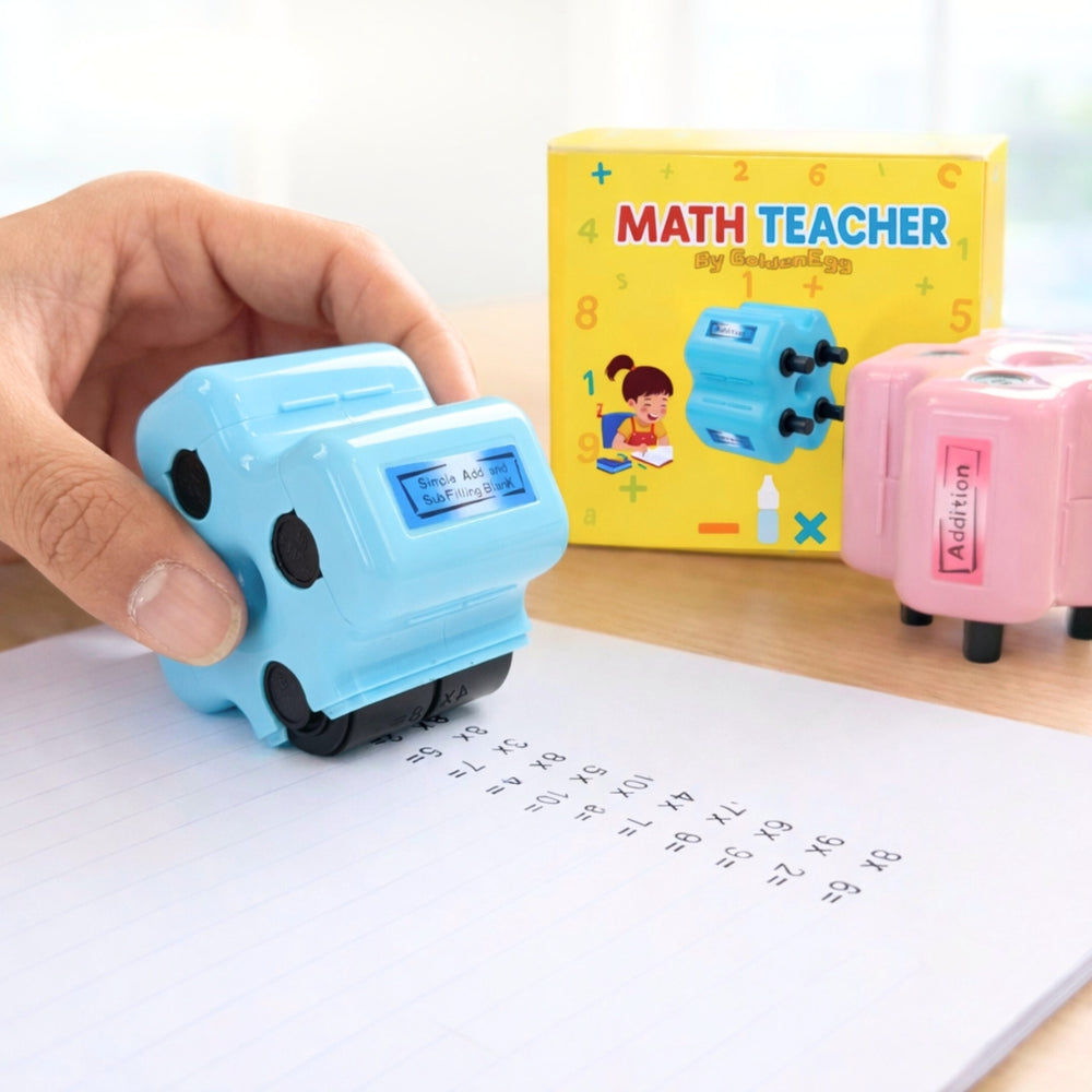 Mom and child doing math practice at home with GoldenEgg math roller stamp