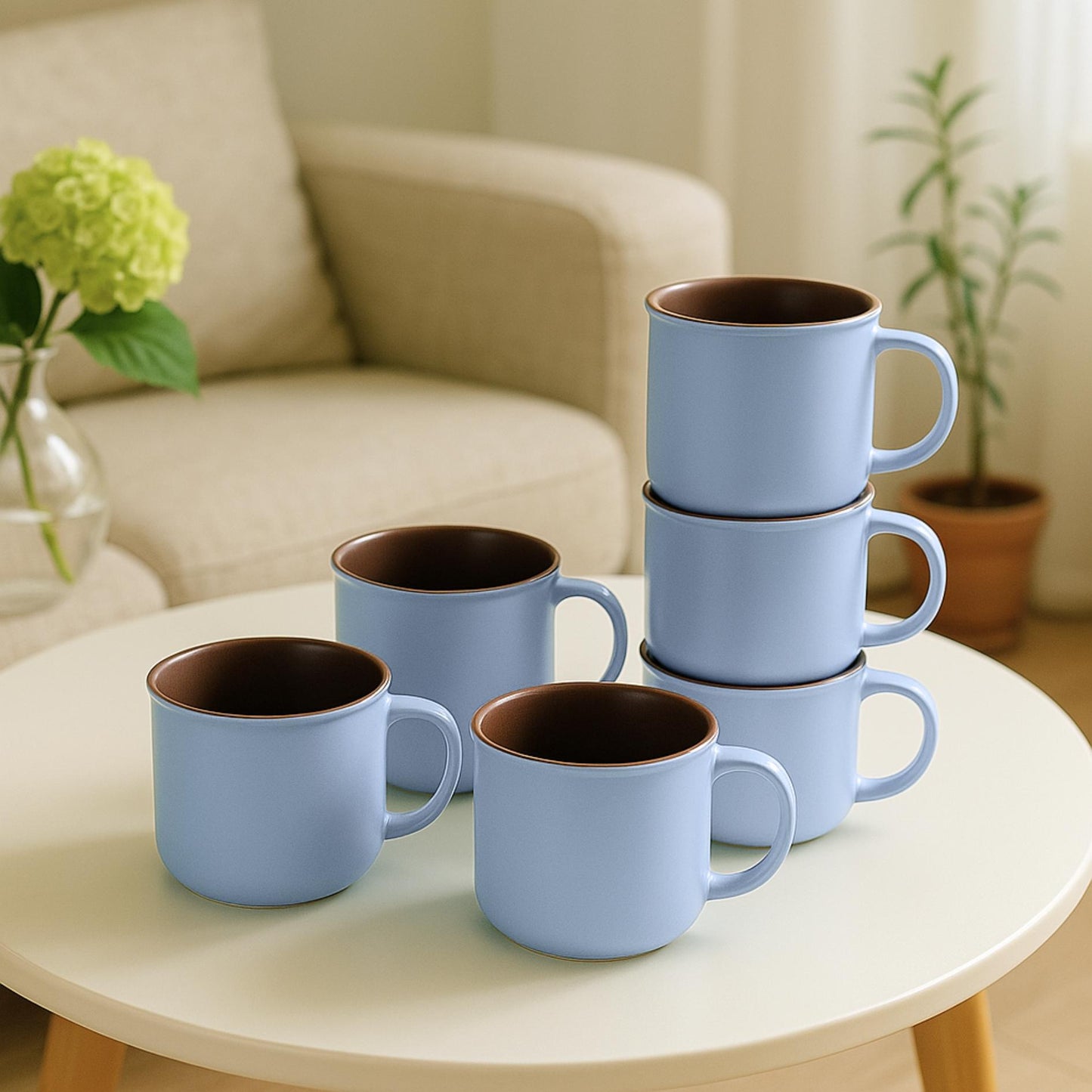 Set of 6 Blue Ceramic Coffee Mugs – 12oz Curved Lip Cappuccino Cups