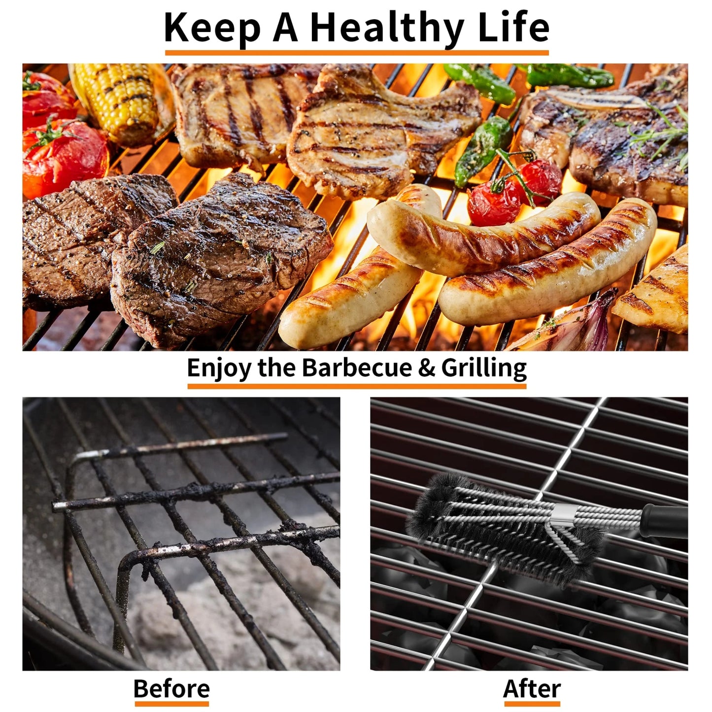 Grill Brush with Extra Strong Long Handle - Safe Wire BBQ Brush