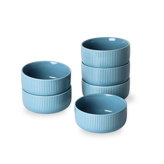 Set of 6 Modern Ceramic Bowls – 12oz Ribbed Texture Serving Bowls, Sky Blue