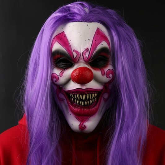 JOKER Evil Laughing Clown Halloween Mask – Realistic Full Head Latex Scary Mask with Purple Hair | Horror Cosplay Costume & Haunted House Prop
