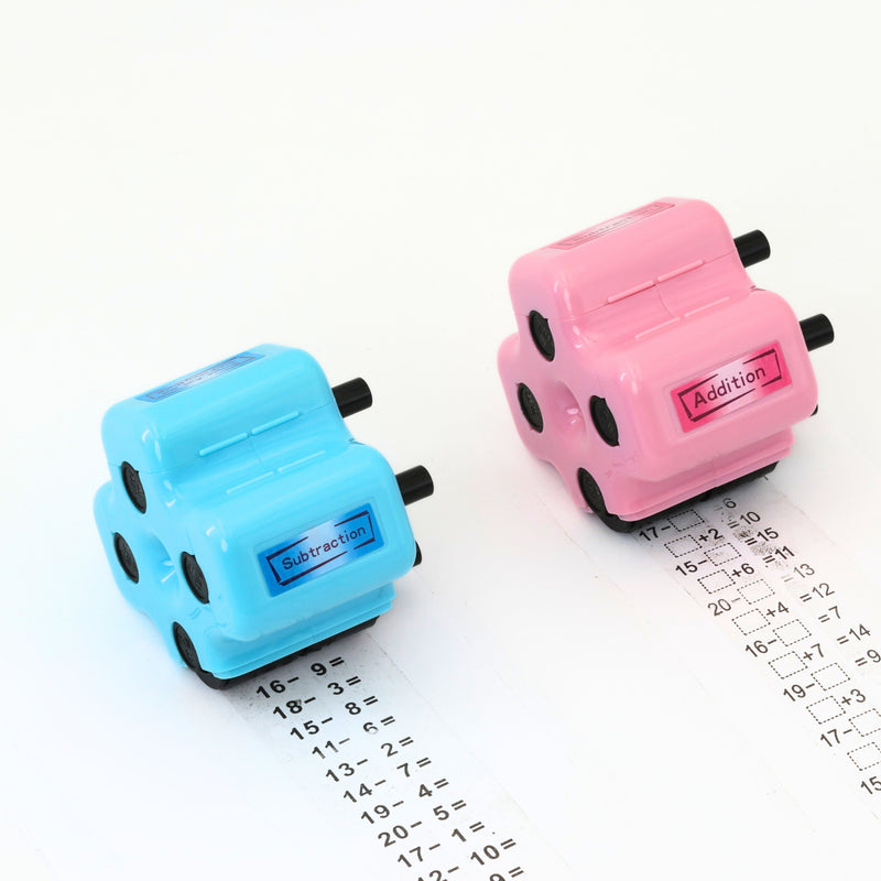 Child using math roller stamp to print addition and subtraction problems on paper