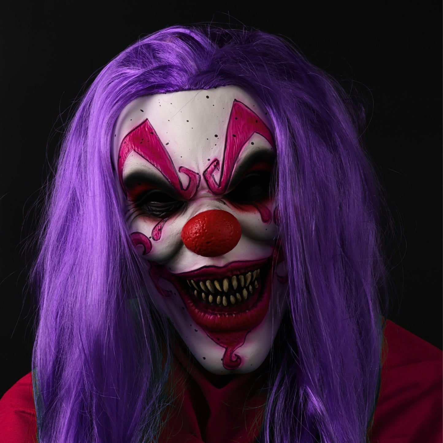 JOKER Evil Laughing Clown Halloween Mask – Realistic Full Head Latex Scary Mask with Purple Hair | Horror Cosplay Costume & Haunted House Prop