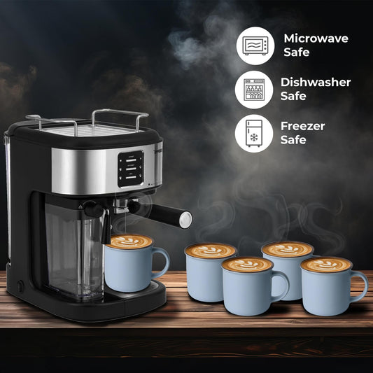 Set of 6 Blue Ceramic Coffee Mugs – 12oz Curved Lip Cappuccino Cups