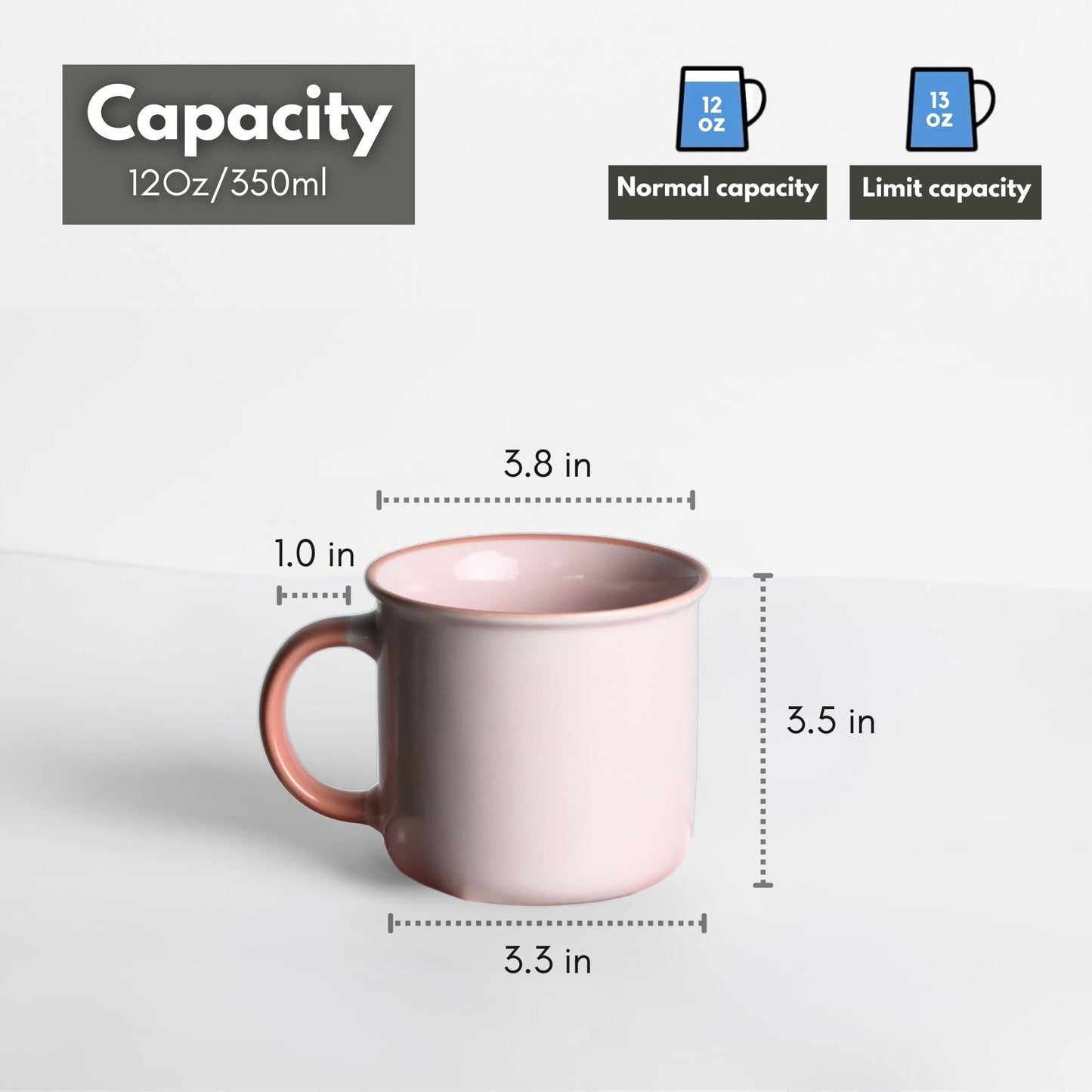 Ceramic Coffee Mugs Set of 6 – 12oz Baby Pink Cups with Handle