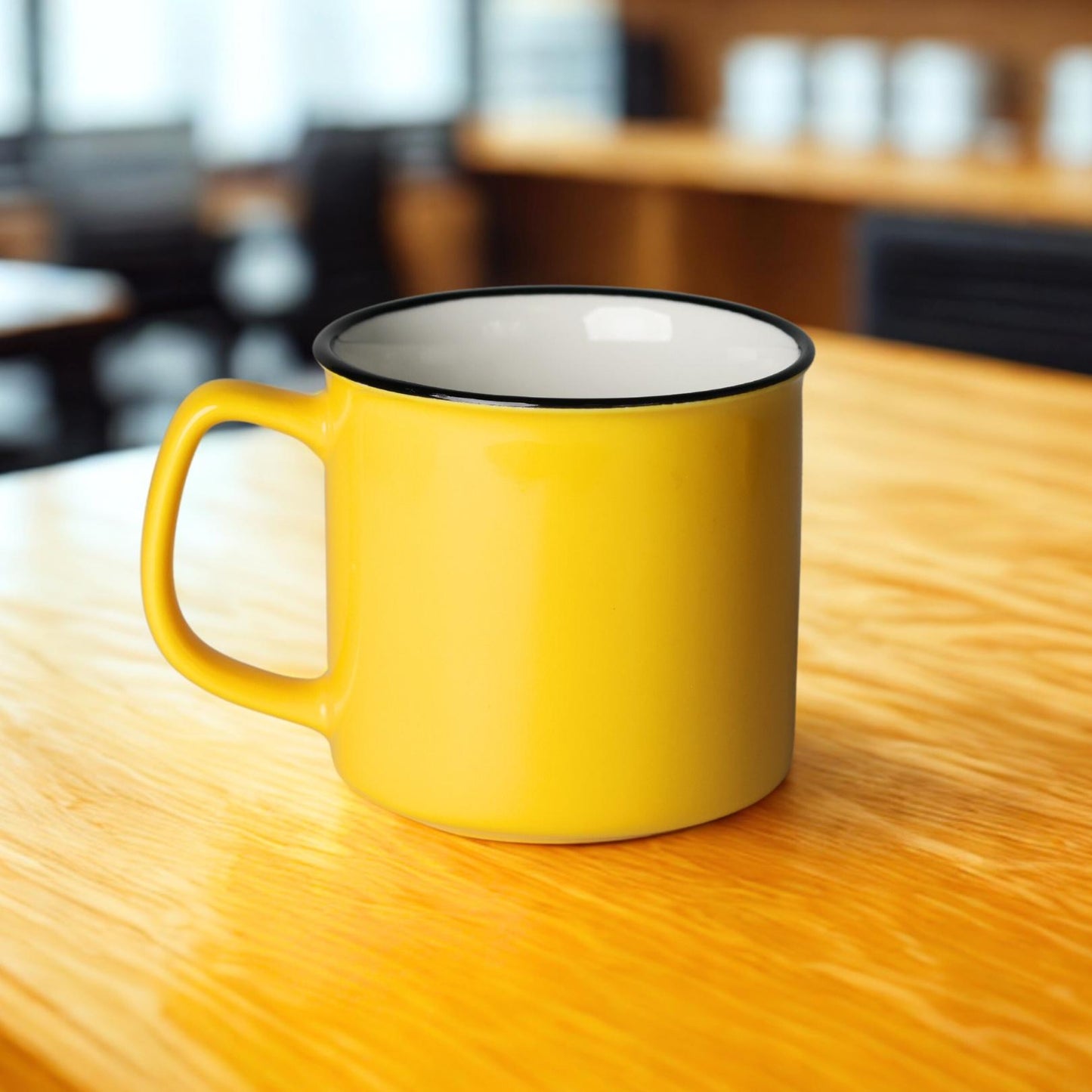 Set of 6 Ceramic Coffee Mugs – 12oz Yellow Curved Lip Durable Cups