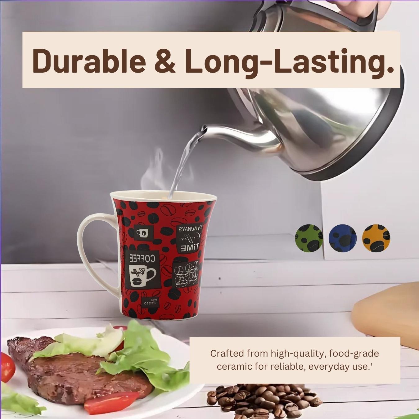 Set of 4 Ceramic Espresso Mugs – 8oz Multicolor Coffee Bean Print Cups