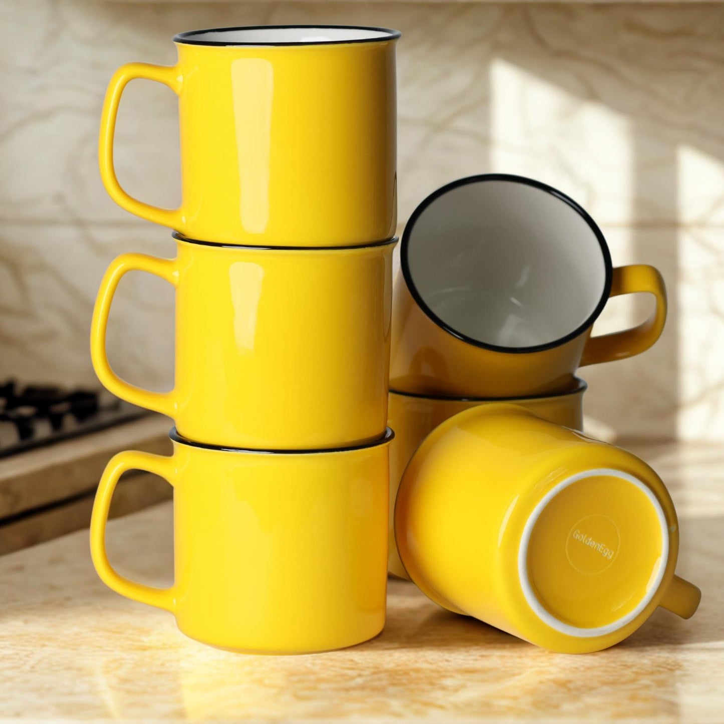 Set of 6 Ceramic Coffee Mugs – 12oz Yellow Curved Lip Durable Cups