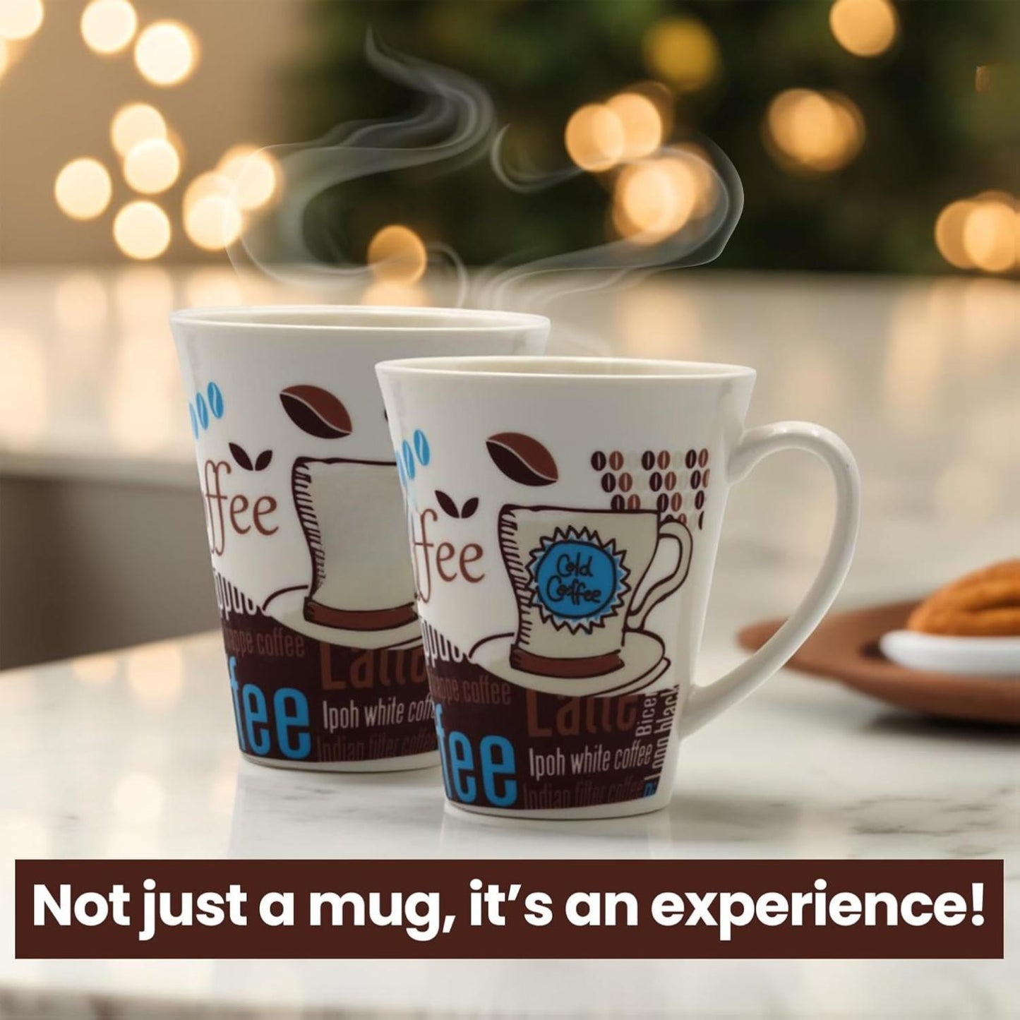 Set of 4 Decorative Ceramic Coffee Mugs – 10oz Typography Design Cups