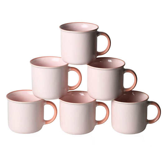 Ceramic Coffee Mugs Set of 6 – 12oz Baby Pink Cups with Handle
