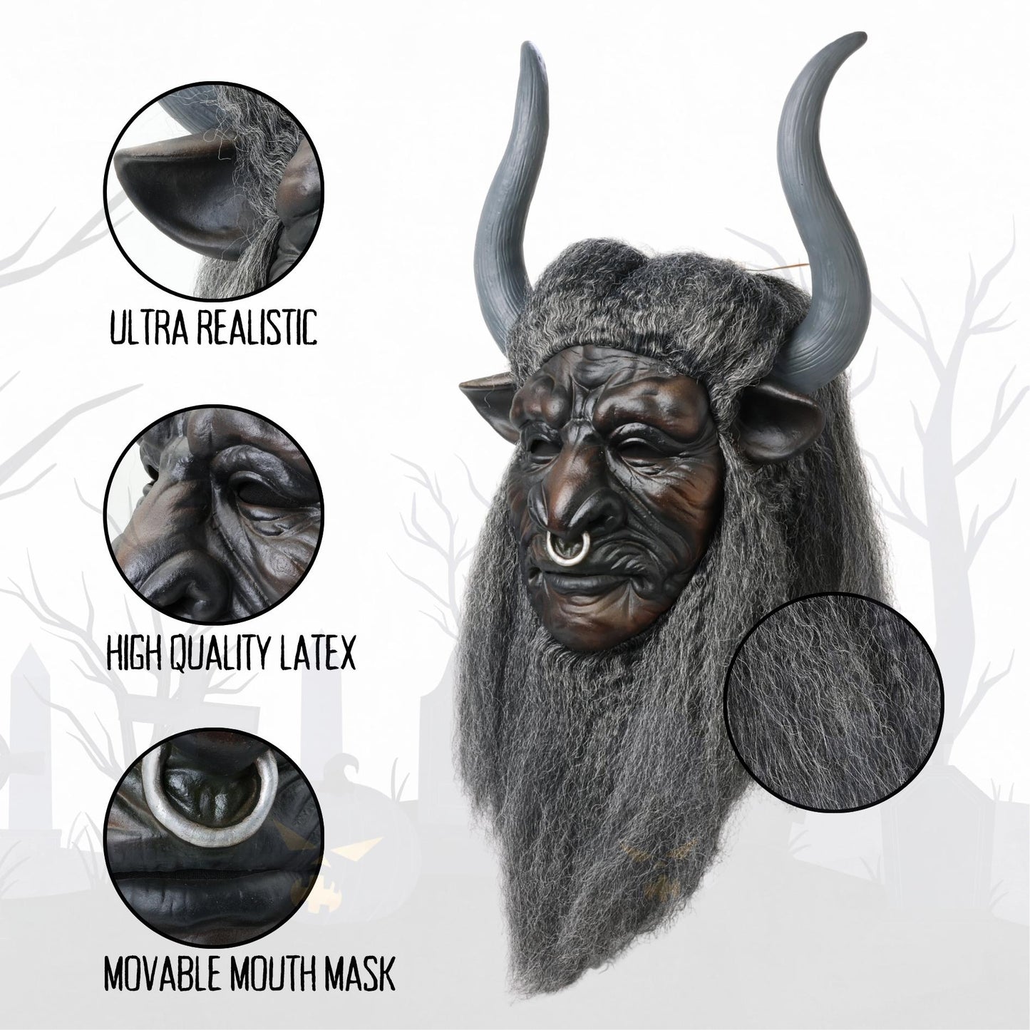 Realistic Beast Demon Halloween Mask – Latex Horror Mask with Horns & Beard for Scary Cosplay