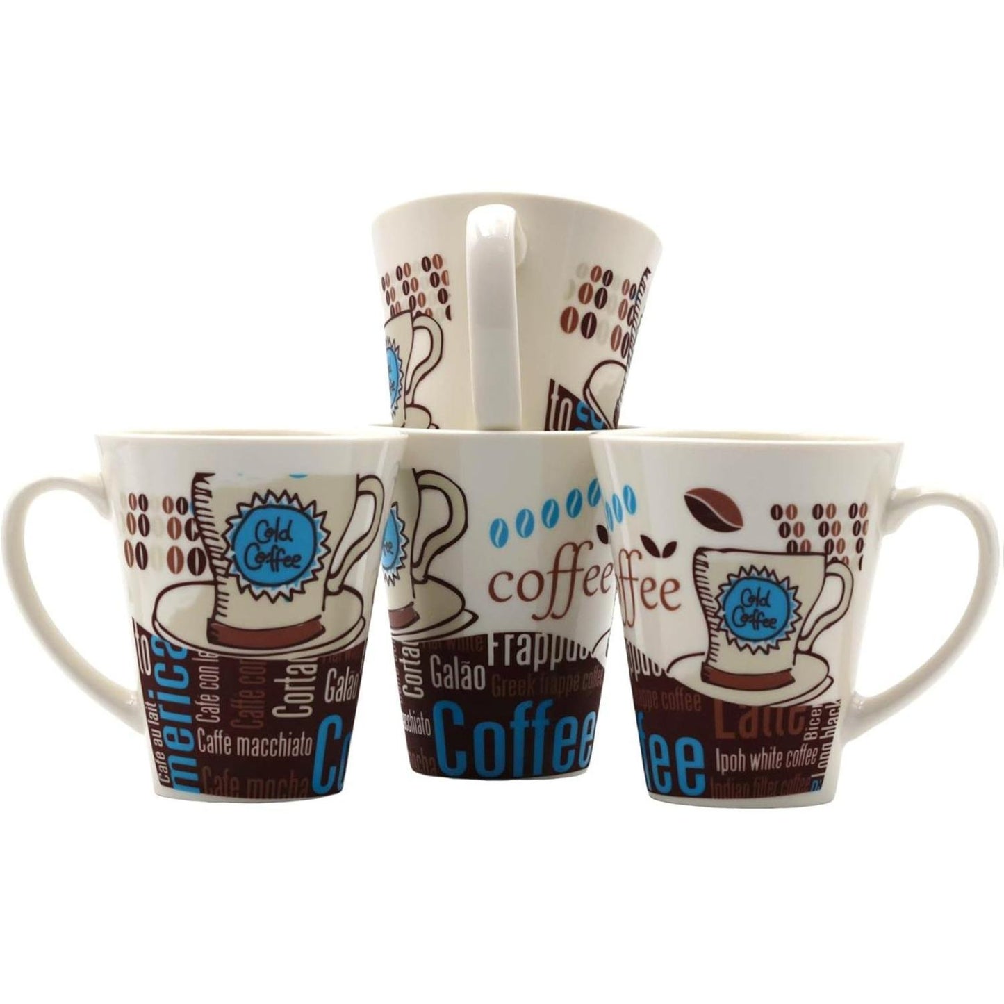 Set of 4 Decorative Ceramic Coffee Mugs – 10oz Typography Design Cups