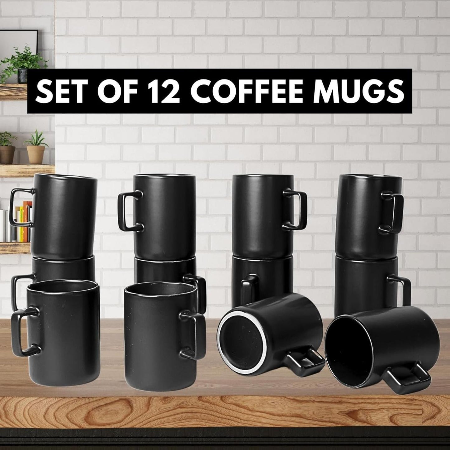 Set of 12 Matte Black Coffee Mugs – 12oz Ceramic Cups for Coffee & Tea
