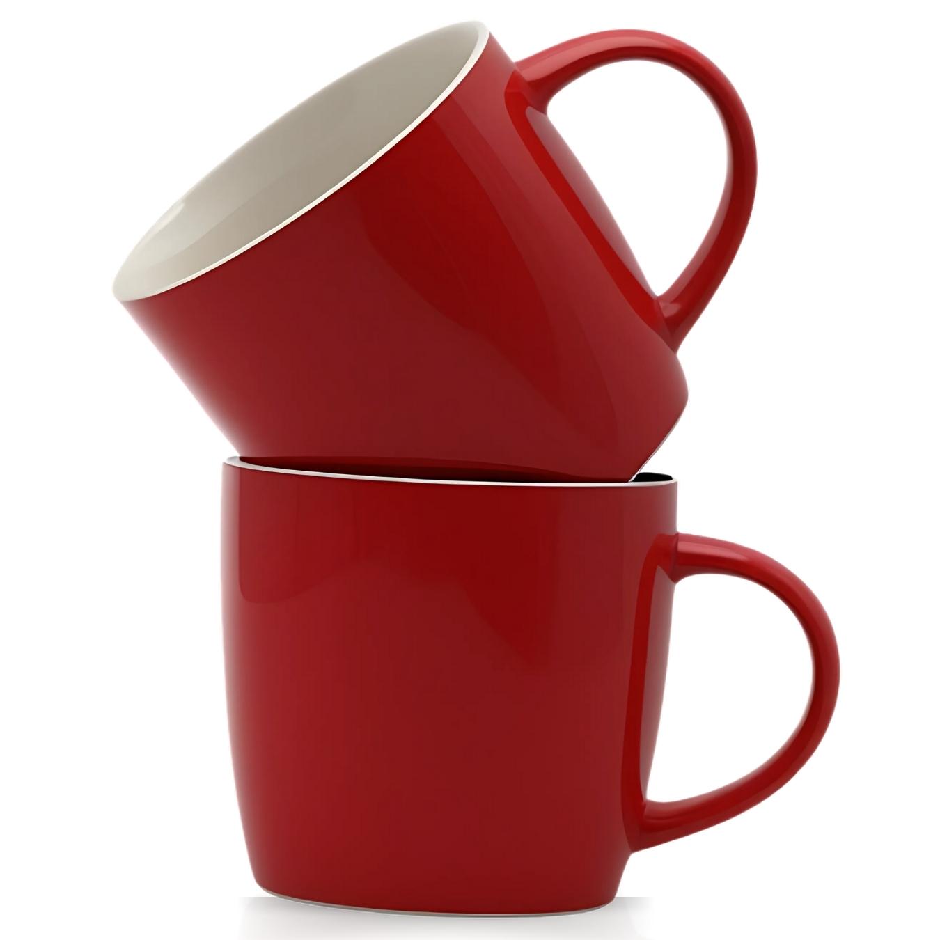 Set of 2 Large Ceramic Coffee Mugs – Red 12oz Latte & Cappuccino Cups