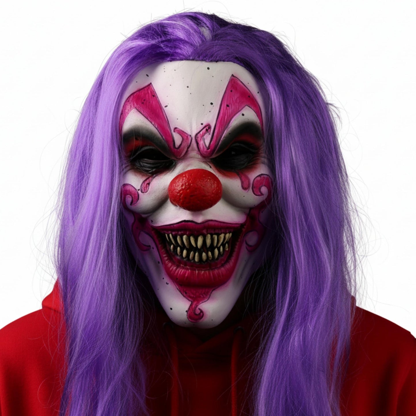 JOKER Evil Laughing Clown Halloween Mask – Realistic Full Head Latex Scary Mask with Purple Hair | Horror Cosplay Costume & Haunted House Prop
