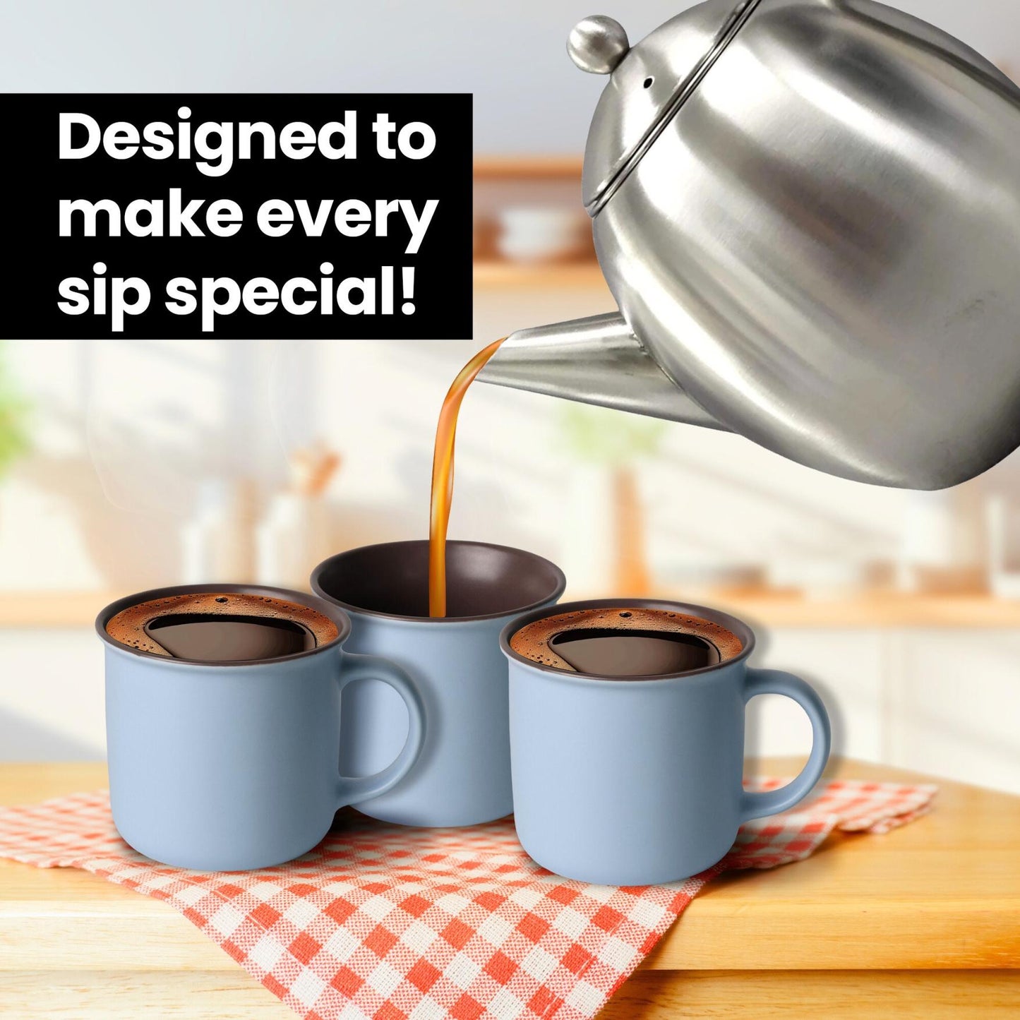 Ceramic Coffee Mugs Set of 6 – 12oz Durable Cups with Sky Blue Interior