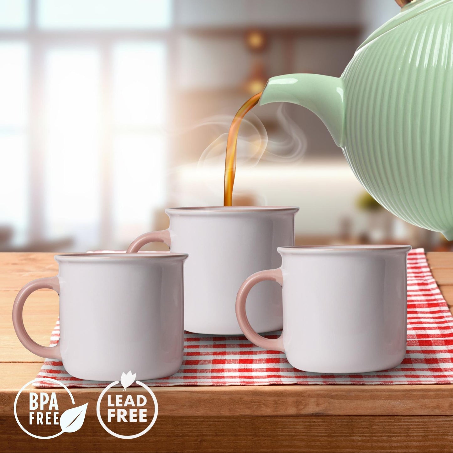 Ceramic Coffee Mugs Set of 6 – 12oz Baby Pink Cups with Handle